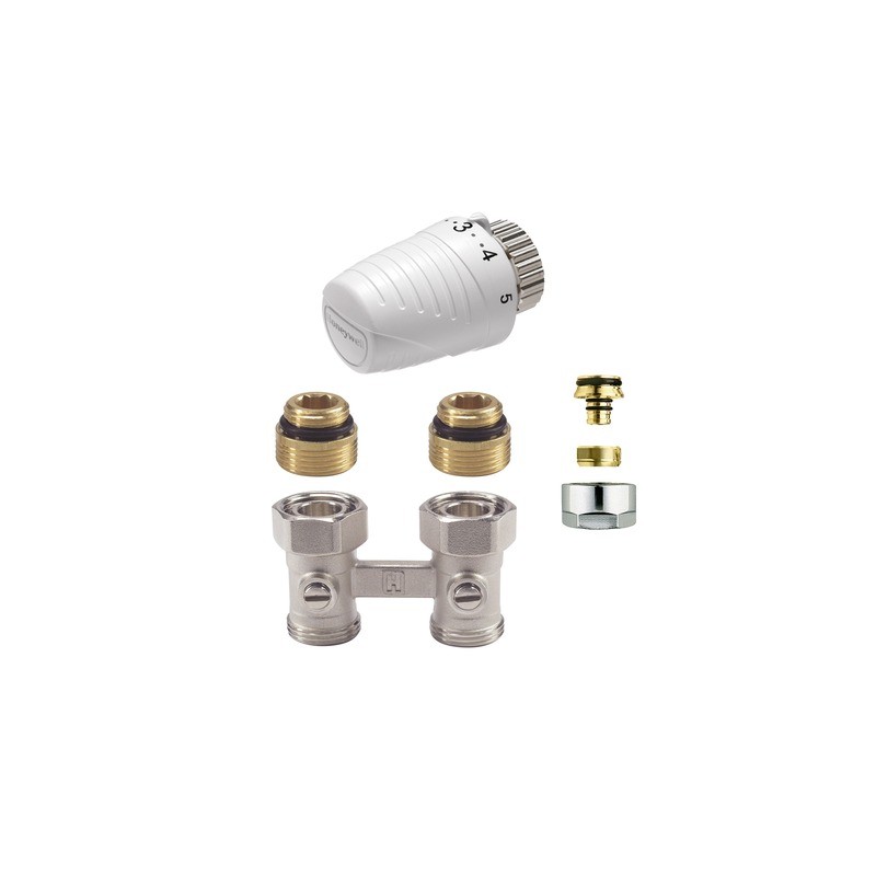 Honeywell kit de robinet thermostatique p.radiateur universal integre 1/2"-3/4" +raccord 16mm droite
